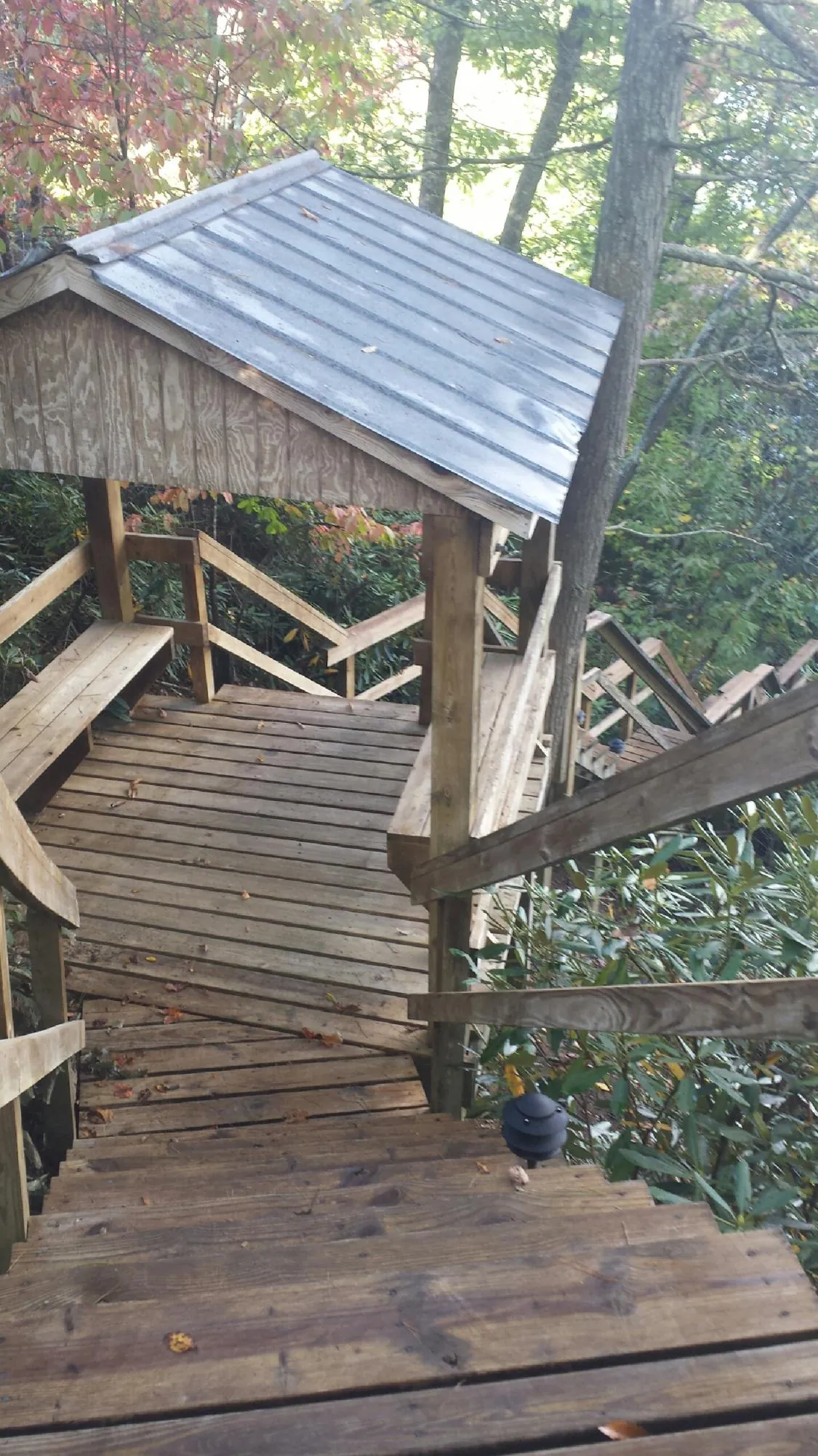 Metal roofed shelter over wooden steps on a wooded walkway — Skylight Repair & Installation work by our crew in Mc Graw
